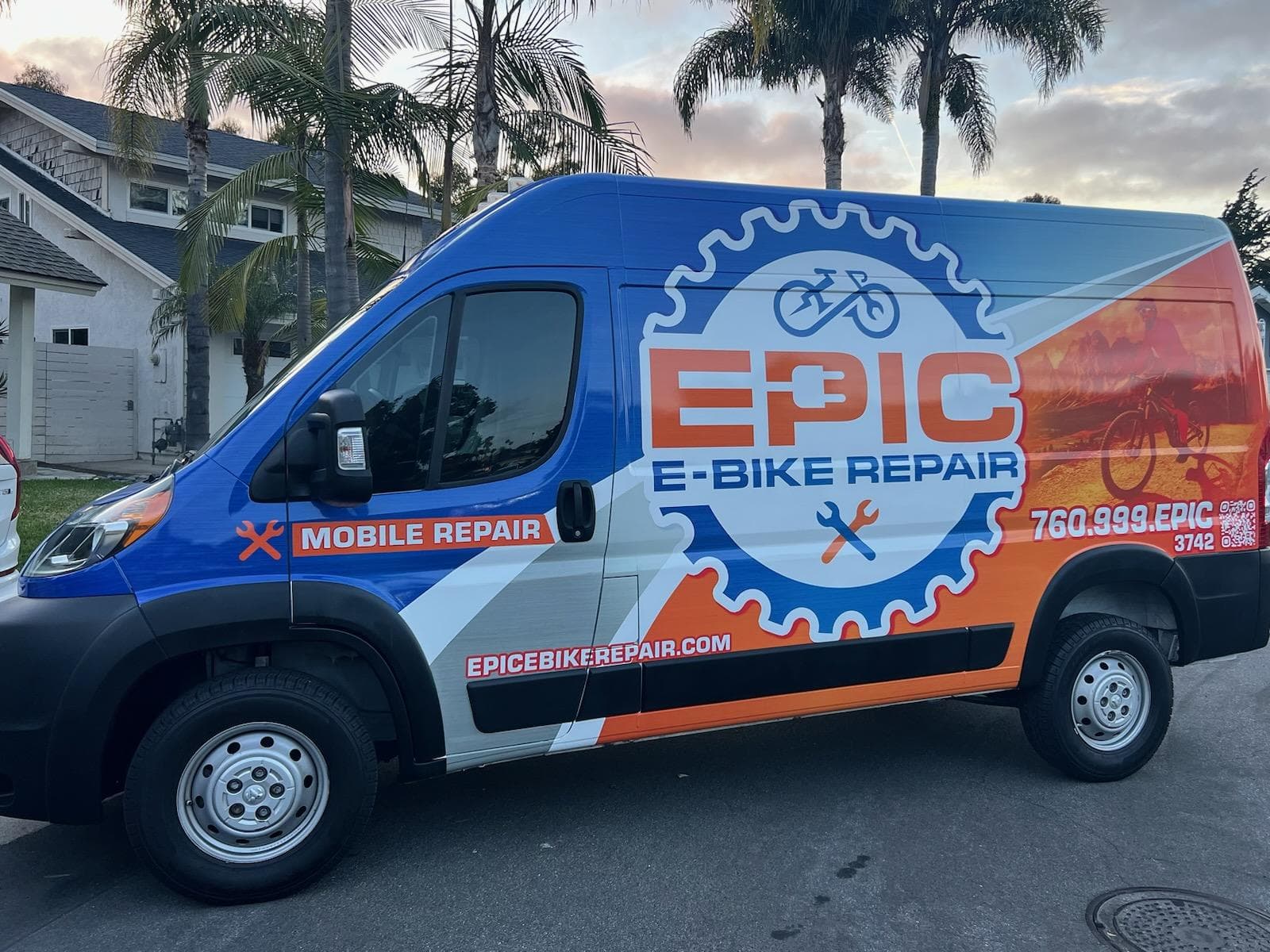 Epic E-Bike Repair mobile service van under palm trees in North County San Diego